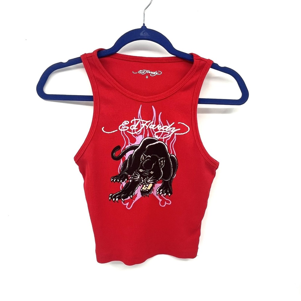 Ed Hardy retro y2k Red ribbed Black Panther graphic tank top S don-ed designs